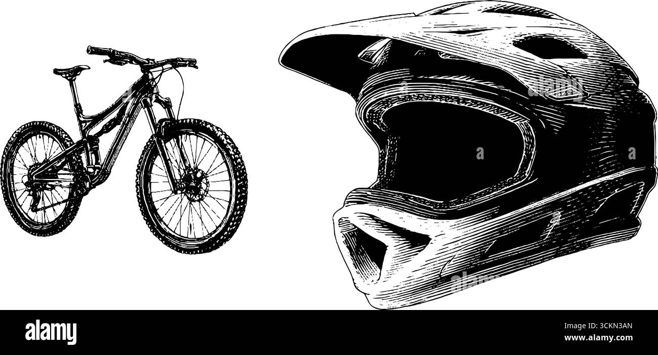 Gravierte Illustration für Mountainbike und Helm für Abenteuer und Sport. Stock Vektor