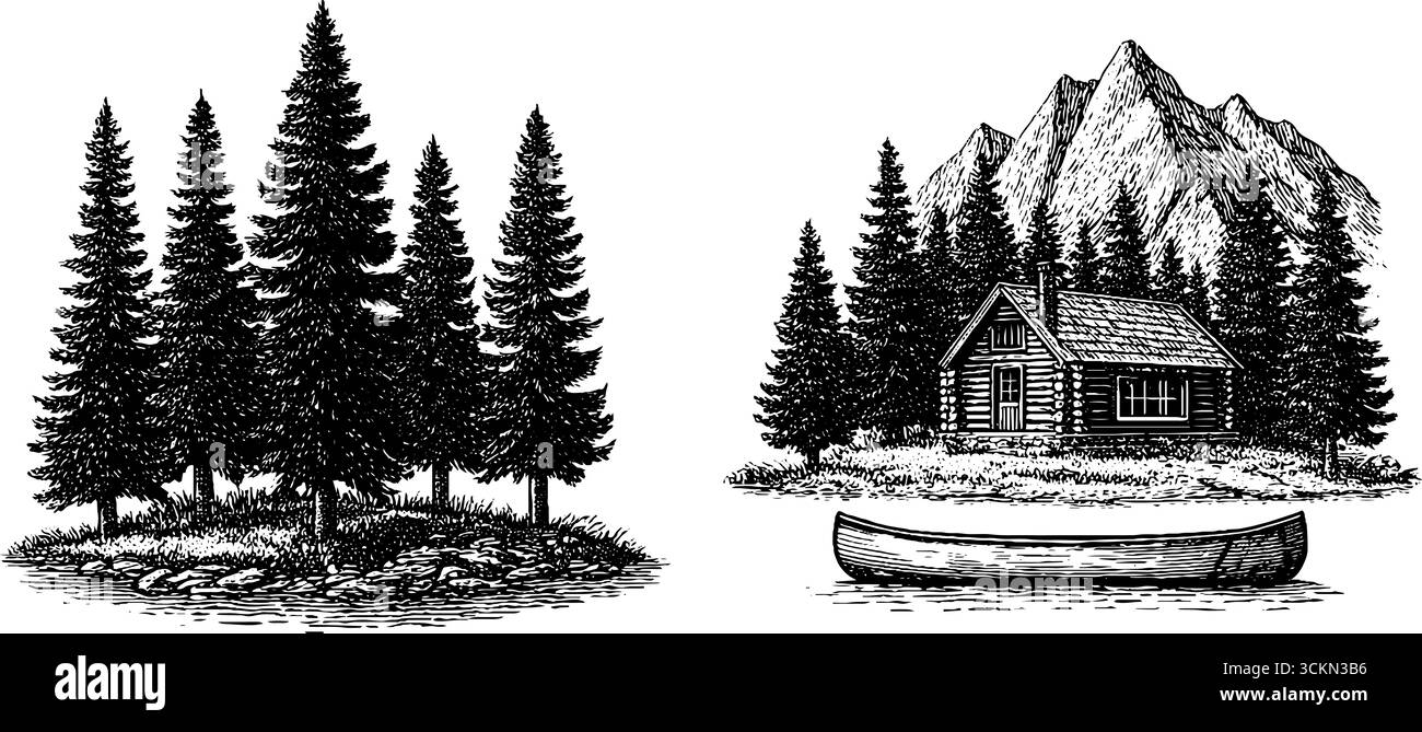 Rustikale Berghütte und Kiefernwald-Gravur für Naturmotive. Stock Vektor