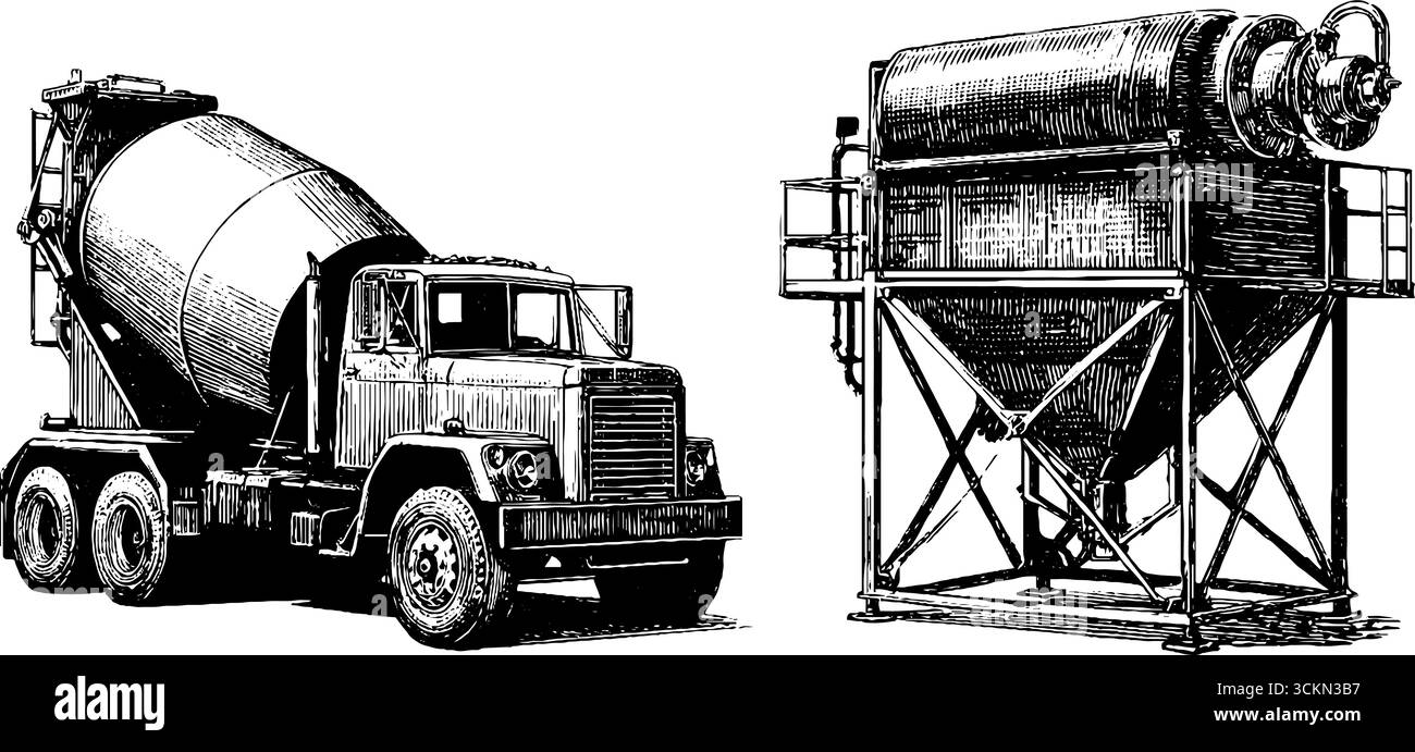 Vintage-gravierte Illustrationen von Zementwagen und Industriegeräten für die Bauausführung. Stock Vektor