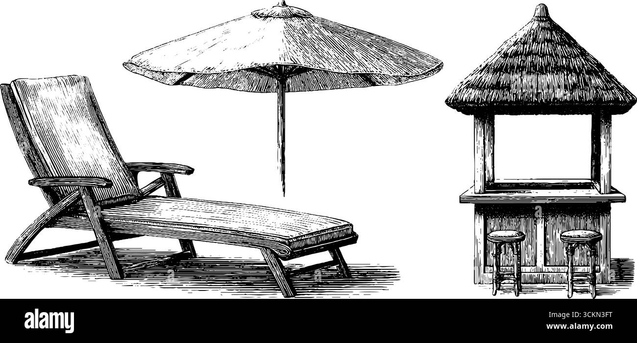 Gravierte Gartenmöbelkollektion für Entspannung und Poolgestaltung. Stock Vektor