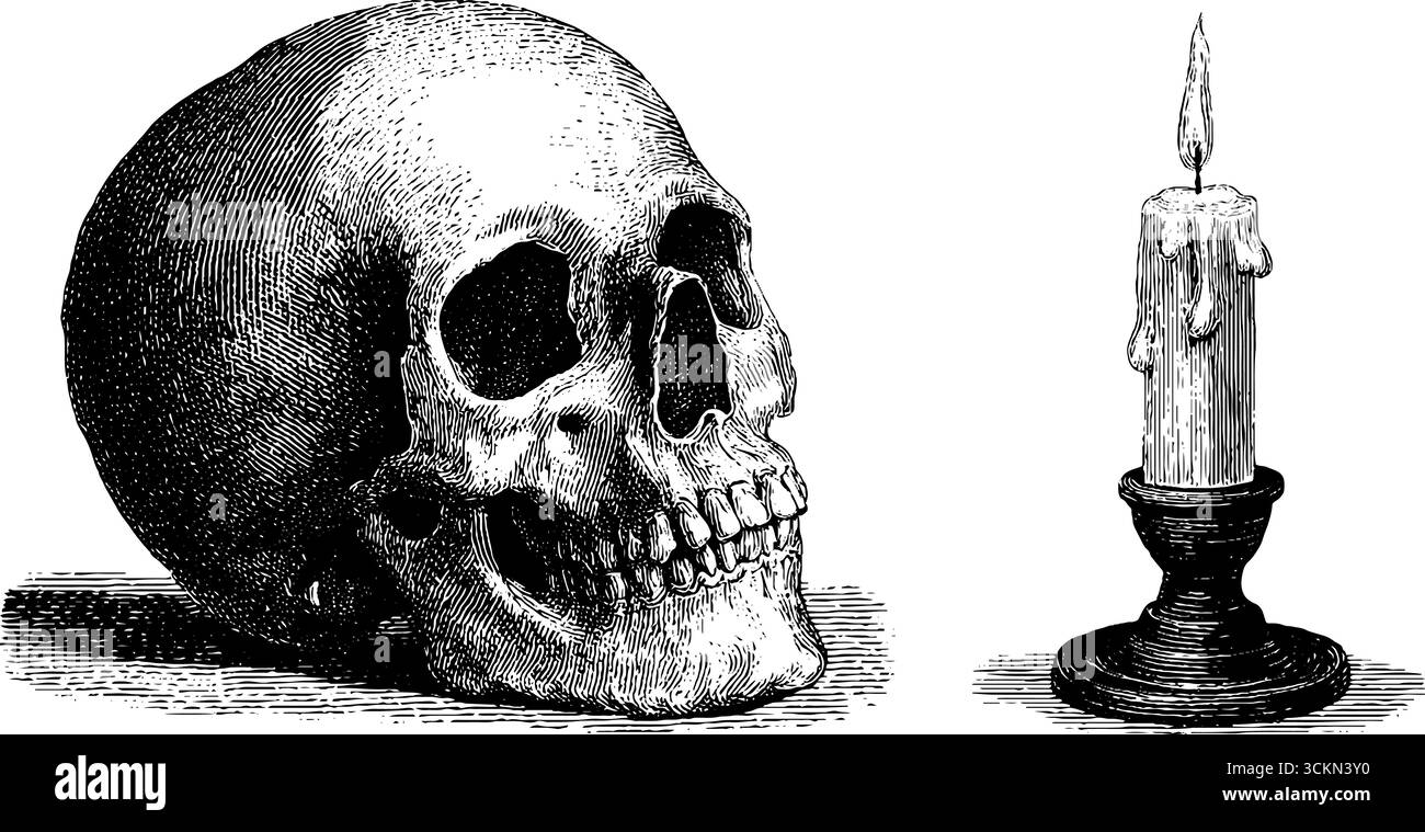 Vintage gravierte Illustration von Schädel und Kerze für Gothic Design und halloween Dekor. Stock Vektor