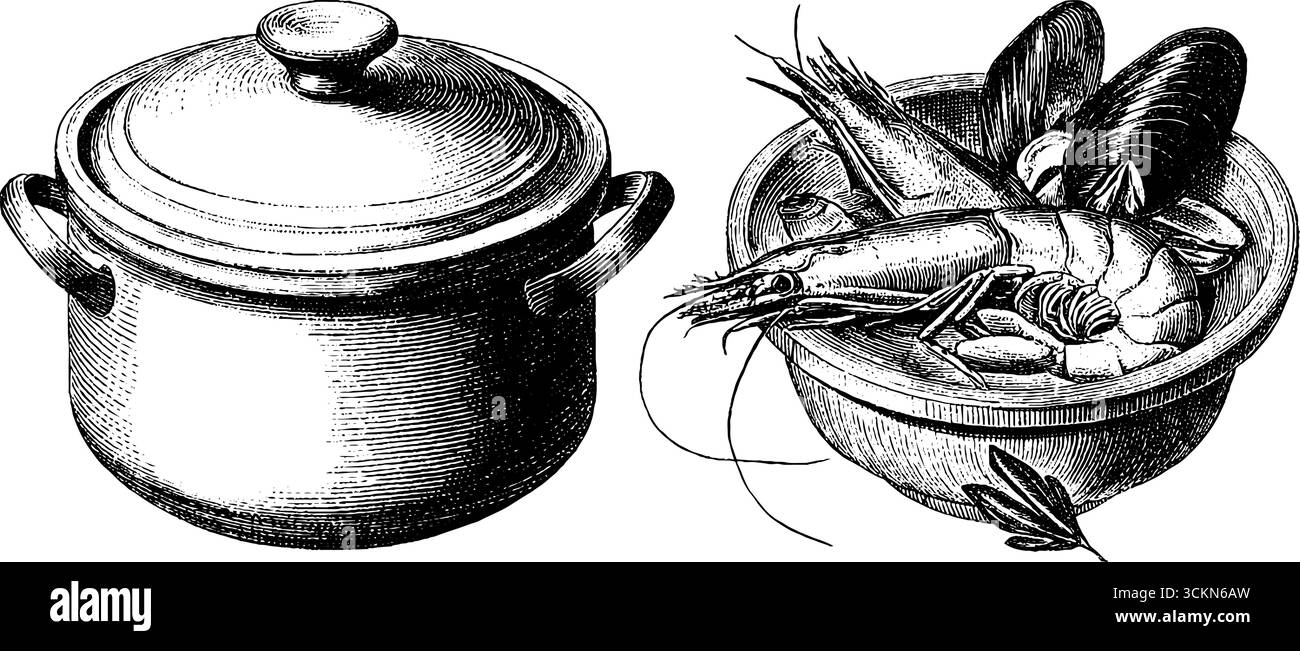 Kulinarisches Erbe und Meeresfrüchte-Küche: Bouillabaisse-Topf mit Zutaten. Stock Vektor