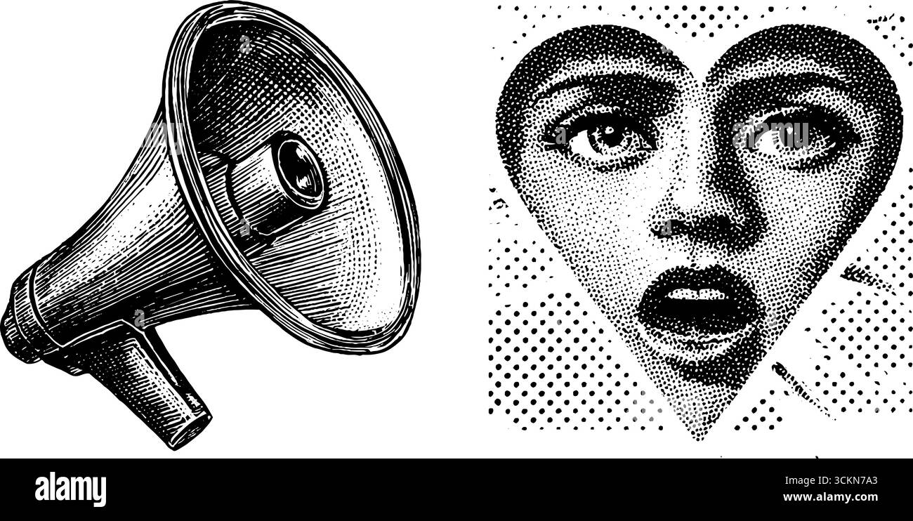 Emotionaler Ausdruck und Kommunikation im Gravurkunstdesign für Drucke. Stock Vektor