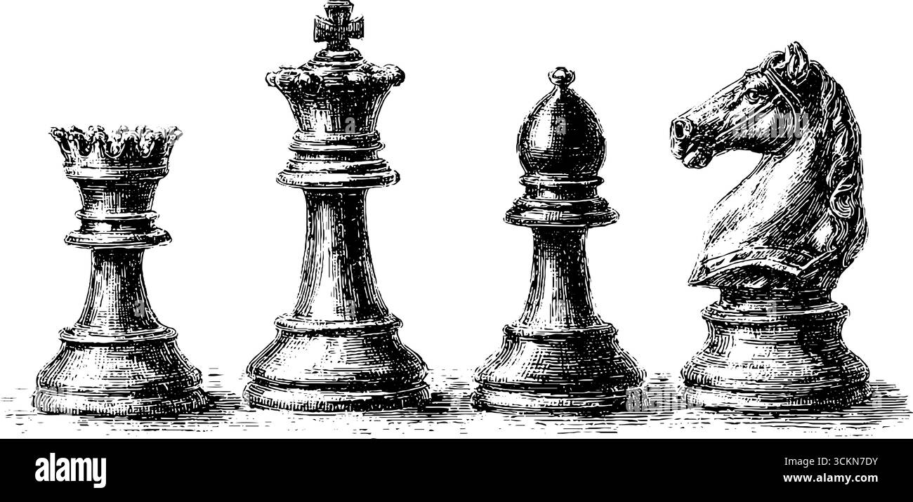 Klassische Schachfigurenkollektion mit Gravur und König, Königin, Bischof und Ritter für Strategiespiele. Stock Vektor