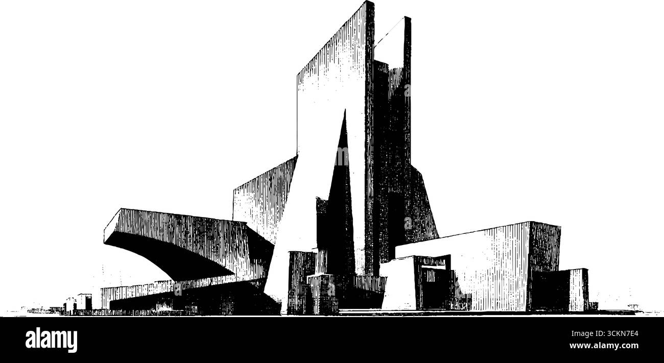 Gravierte Illustration eines brutalistischen Kirchenarchitekturentwurfs. Stock Vektor