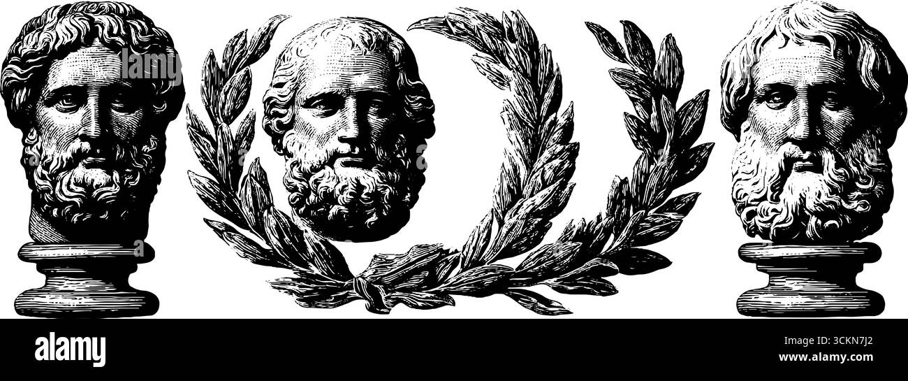 Gravierte Illustrationen mit klassischen Büsten mit Lorbeerkranz für Kunst und Design. Stock Vektor