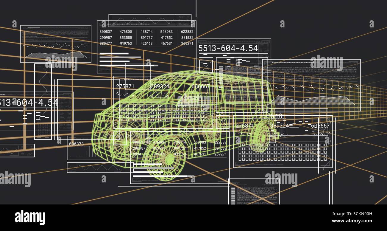 Anzeige des grünen Wireframe-SUV-Modells, das sich im CAD-Studio dreht, mit Datenfeldern und orangefarbenem Raster Stockfoto