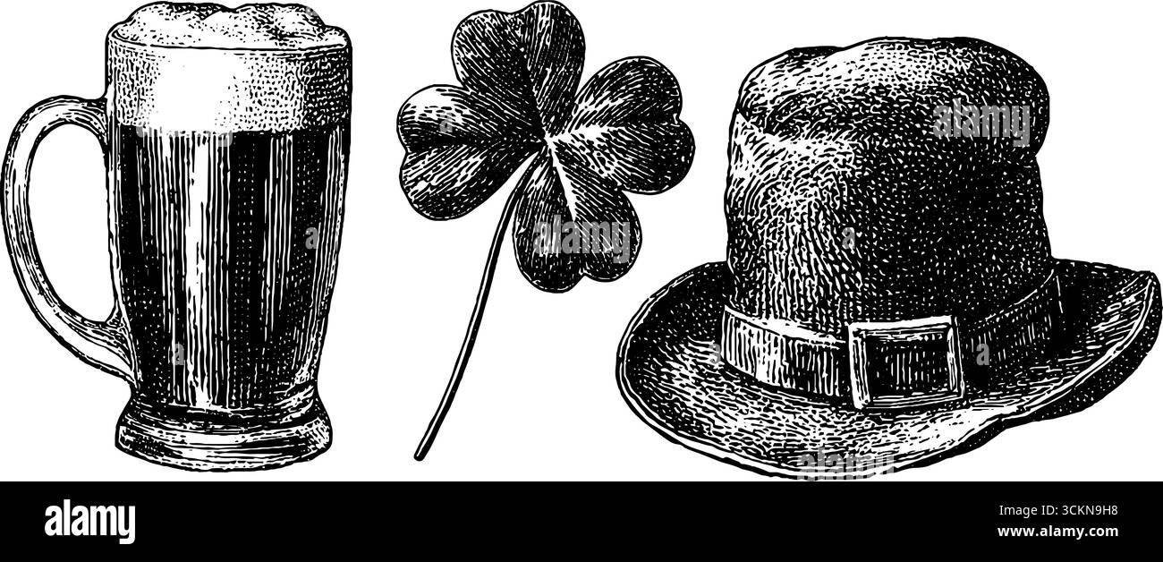 St. patrick's Day-Illustrationen mit Gravur und Bierkrug, Kleeblatt und Hut. Stock Vektor
