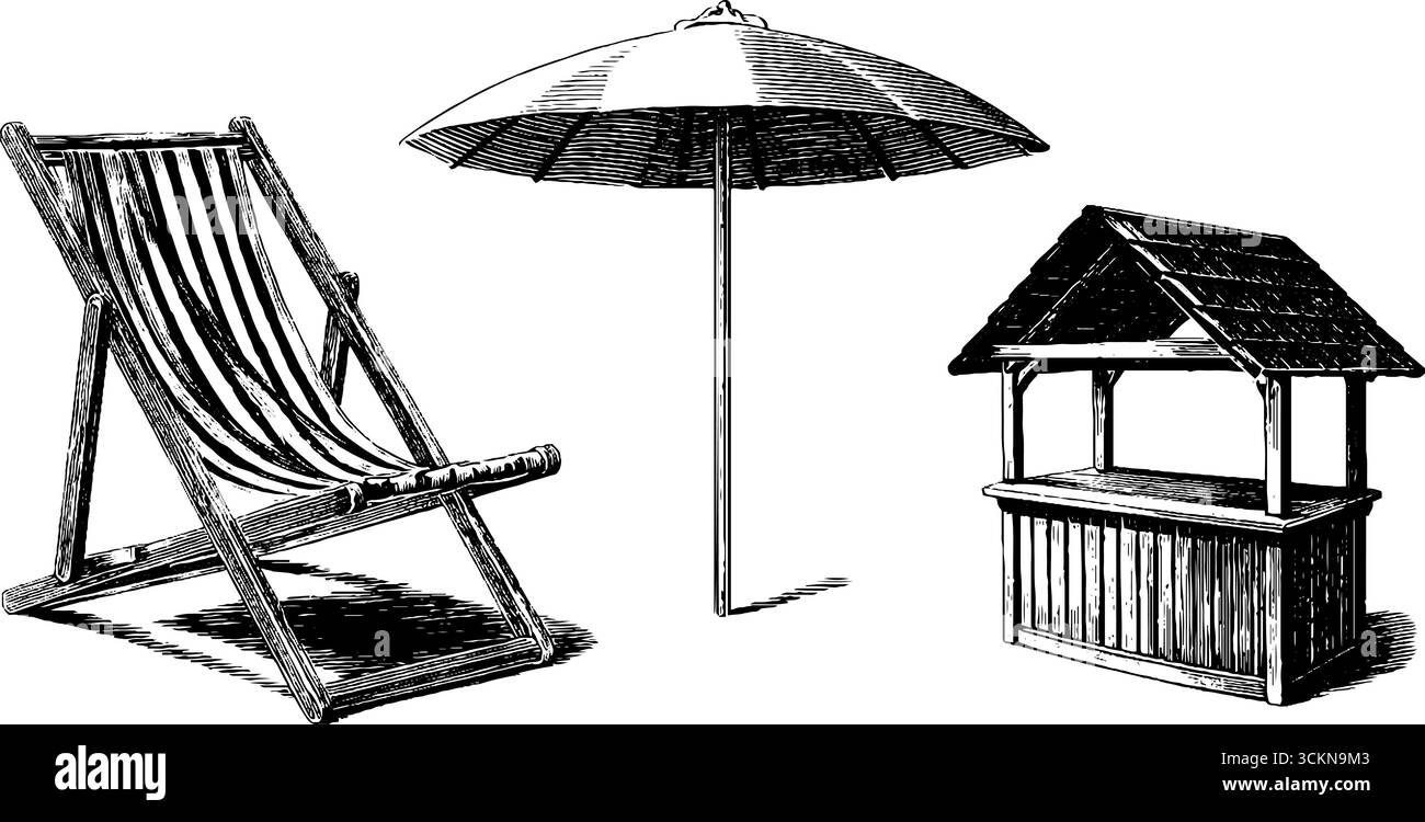 Gravierte Vintage-Illustration mit Poolstuhl, Sonnenschirm und Cabana. Stock Vektor