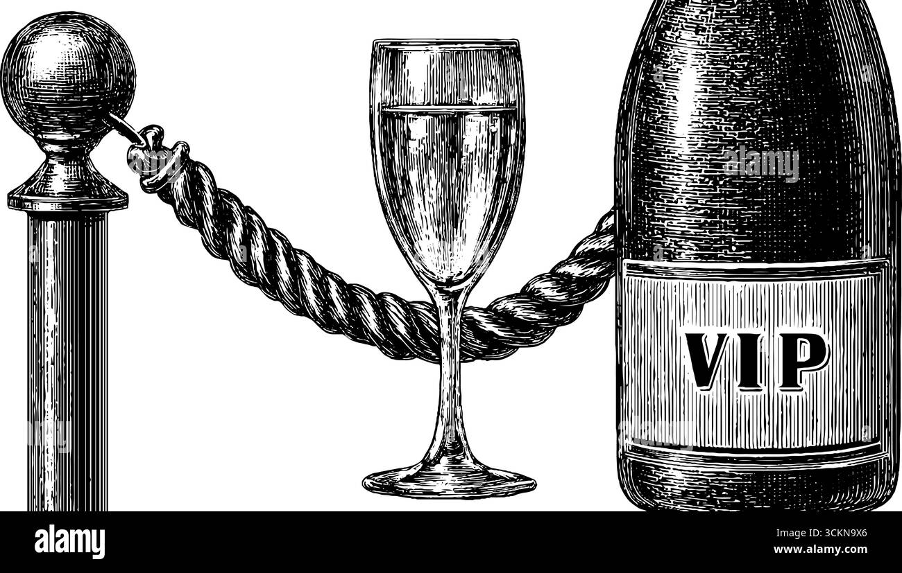 Elegante vip-Lounge mit Samtseil und Sektglasgravur für luxuriöses Event-Design. Stock Vektor