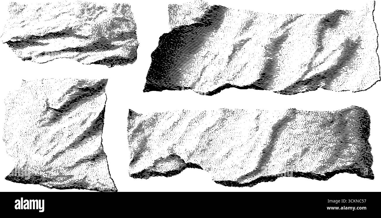 Set mit gravierten Illustrationen aus faltigen Papierfalten für Vintage-Designprojekte. Stock Vektor