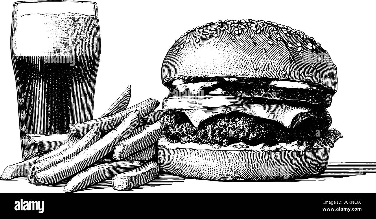 Klassische gravierte Illustration von Burger, Bier und Pommes für kulinarische Designprojekte. Stock Vektor