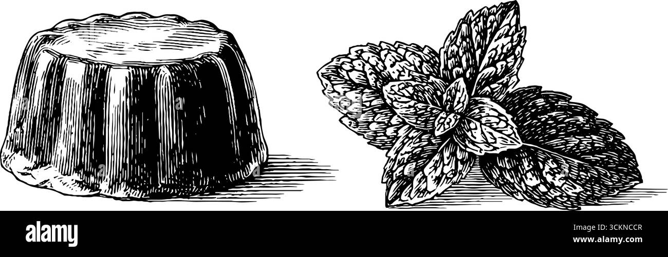 Gravierte Illustration von Soufflé mit Dessertwein für kulinarische Kunst und Dekor. Stock Vektor