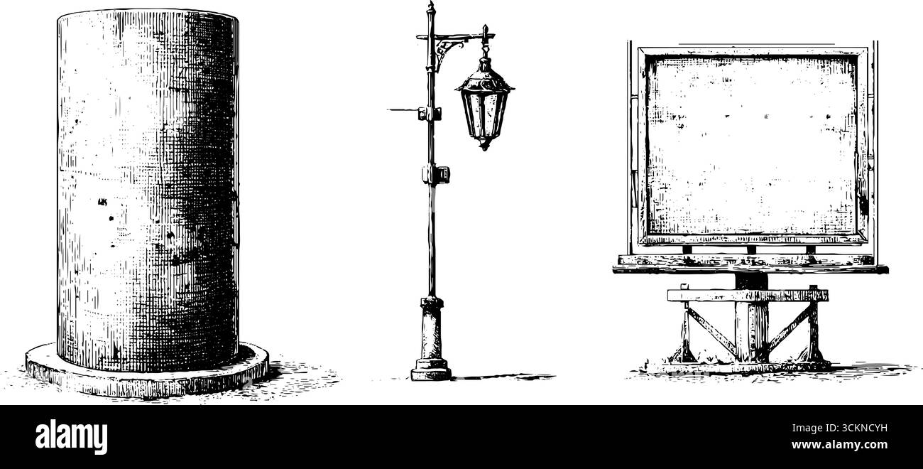 Graviertes Illustrationsset mit Vintage-Lampe aus Betonsäule und Schilderdesign. Stock Vektor