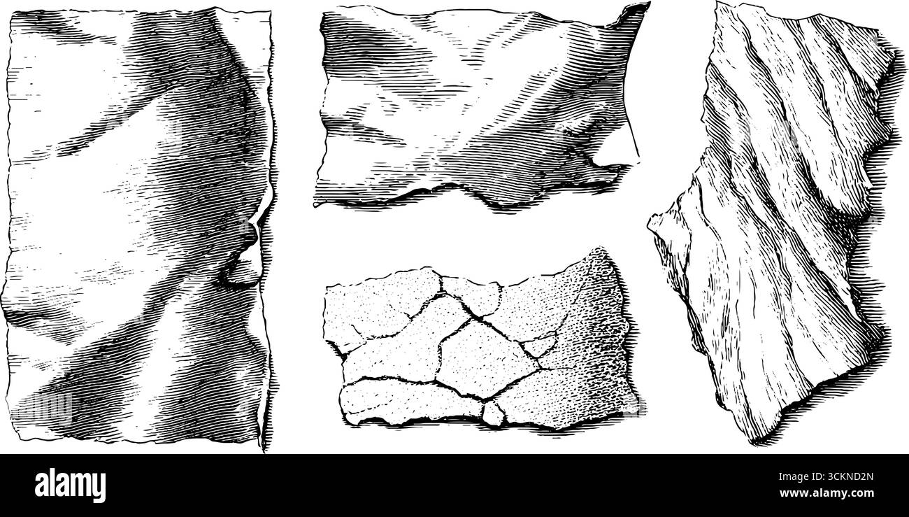 Detailgetreue, gravierte Illustrationen aus faltigen und strukturierten Papierfalten für künstlerisches Design. Stock Vektor