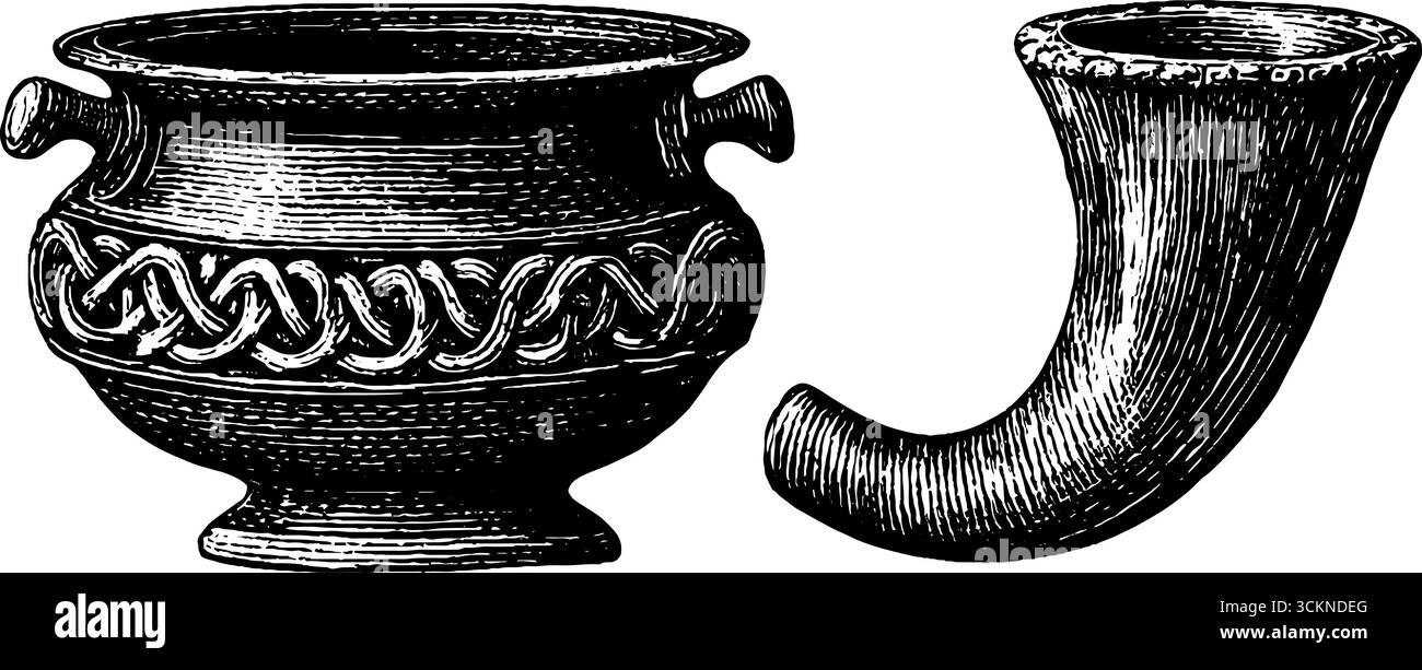 Komplexe keltische Kessel und Trinkhorn – historische Gravur für Druck. Stock Vektor