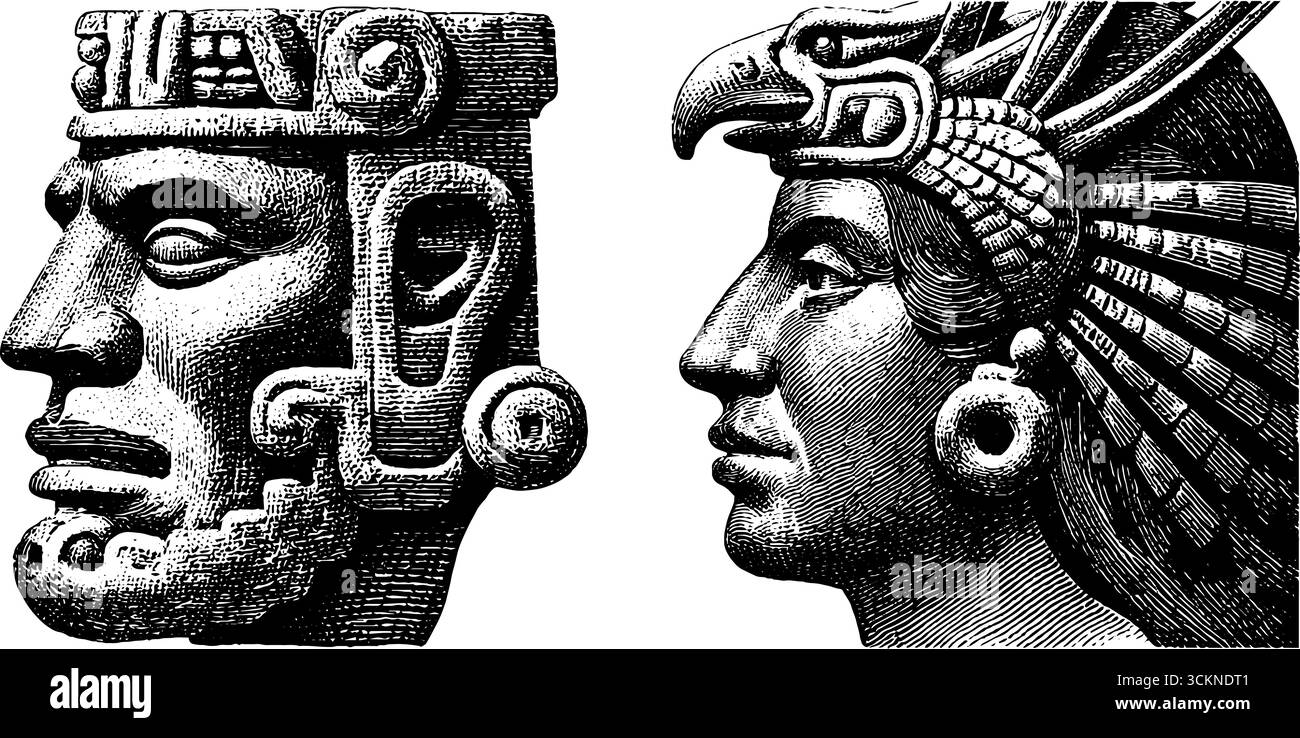 Gravierte Illustration des aztekischen Gottes tezcatlipoca in traditionellem Kopfschmuck. Stock Vektor