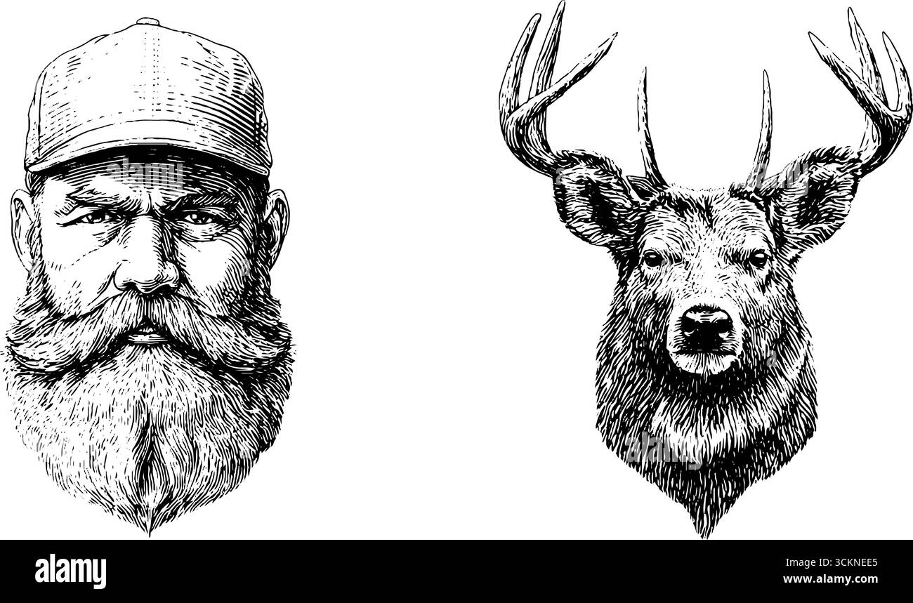 Gravierte Illustrationen von Handwerkern und Hirschbüsten für Kunst und Design. Stock Vektor