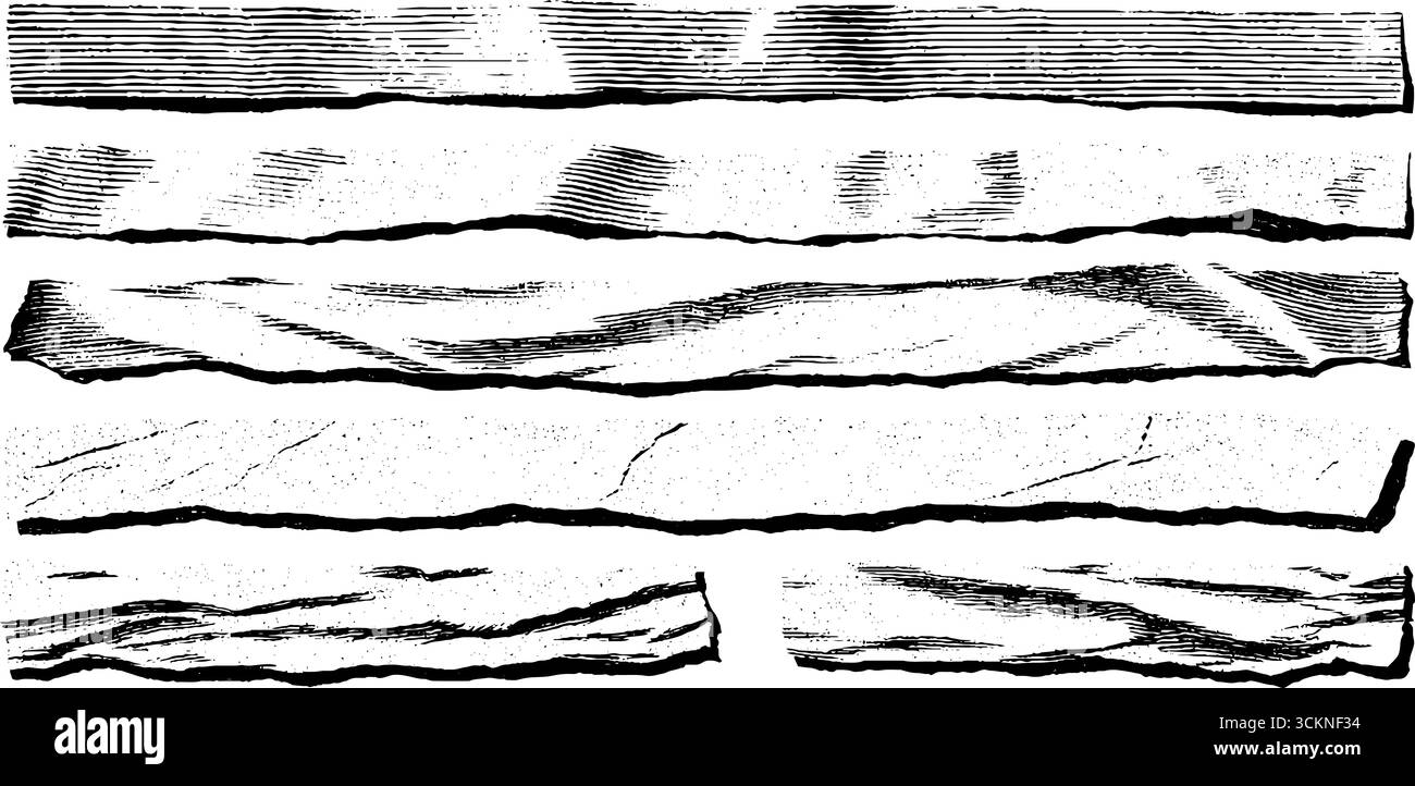 Set mit gravierten Illustrationen aus faltigen Papierfalten für Design und Dekoration. Stock Vektor