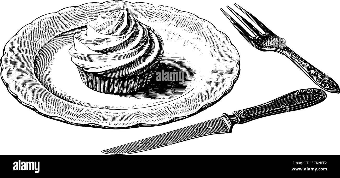 Eleganter Vintage-Dessertteller mit Gravur und Cupcake und Besteck. Stock Vektor