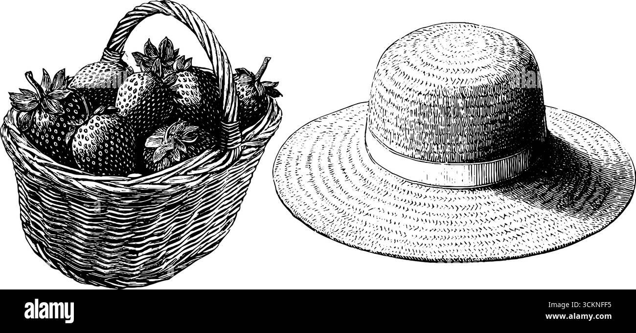 Illustration mit graviertem Picknickkorb und Strohhut für Sommermotive. Stock Vektor
