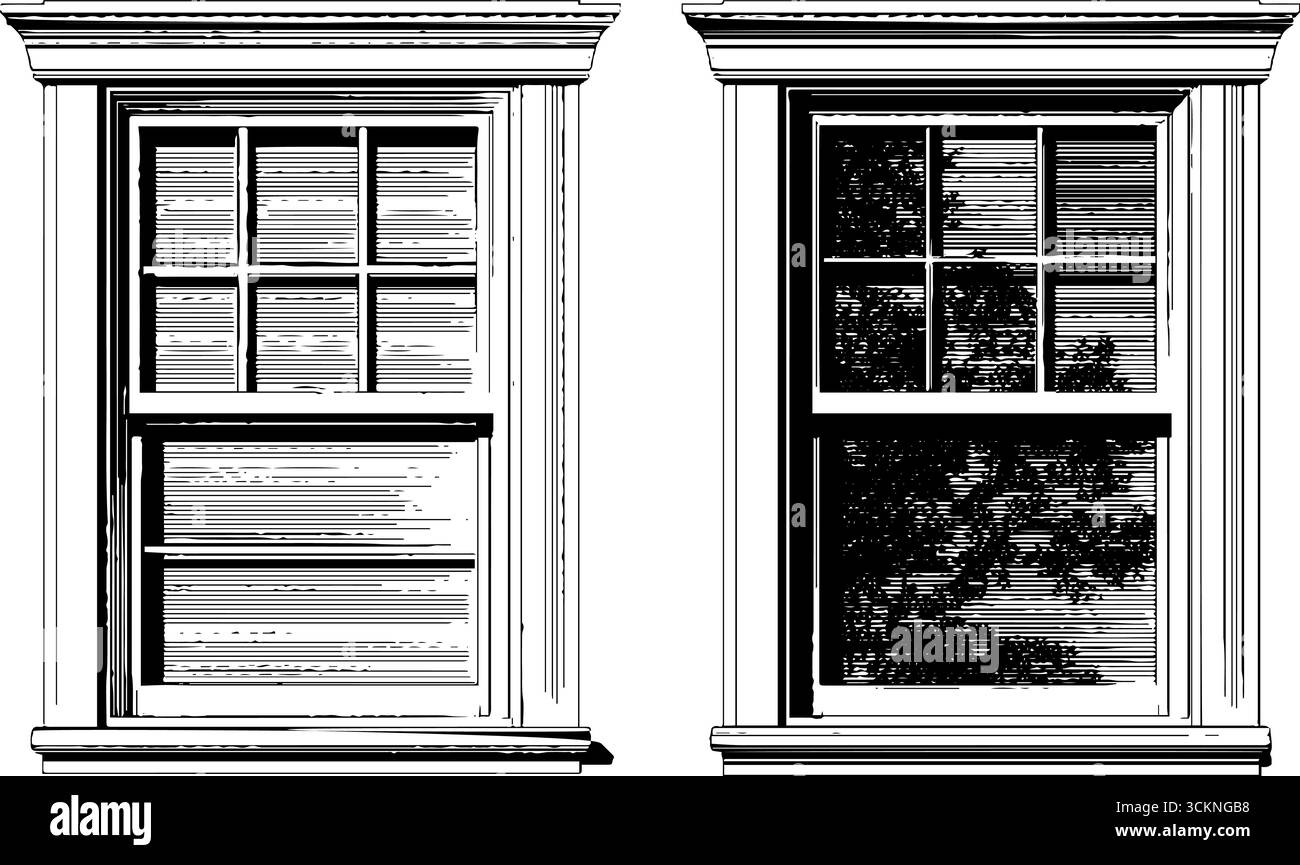 Gravierte Präriefenster mit Baumschatten für Inneneinrichtung und Vintage-Einrichtung. Stock Vektor