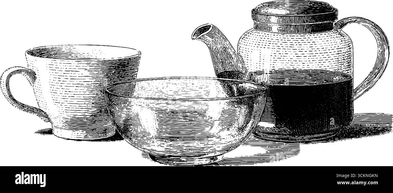 Gravierte skandinavische Tischgeschirr-Illustration mit Teekanne und Schüssel. Stock Vektor