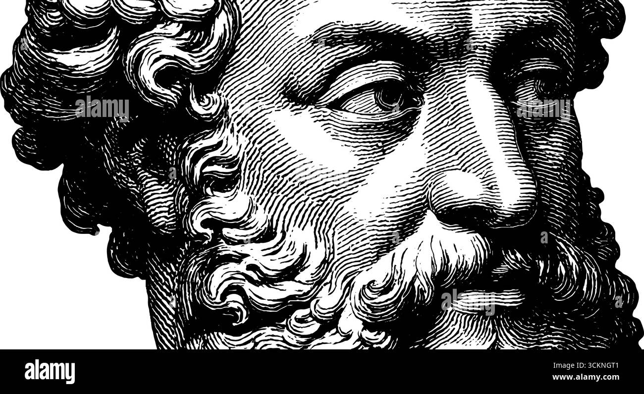 Gravierte Illustration der Statue des antiken Philosophen mit komplizierten Details. Stock Vektor