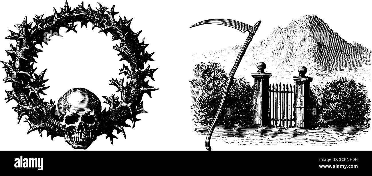 Gravierter gotischer Dornkranz mit Schädel und Sensensenkel-Set. Stock Vektor