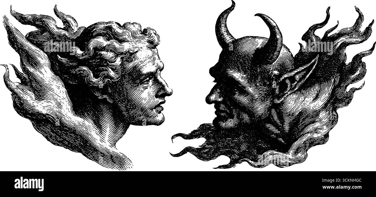 Gravierte Illustration mit Engel und Teufel für künstlerischen Kontrast und Design. Stock Vektor