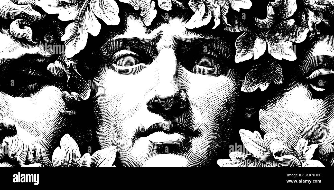 Aufwändige, gravierte Illustration von Marmorfiguren mit Blumendetails. Stock Vektor