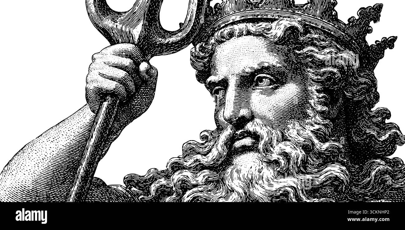 Detaillierte Gravur von poseidon mit Trident für mythologische Kunstgestaltung. Stock Vektor
