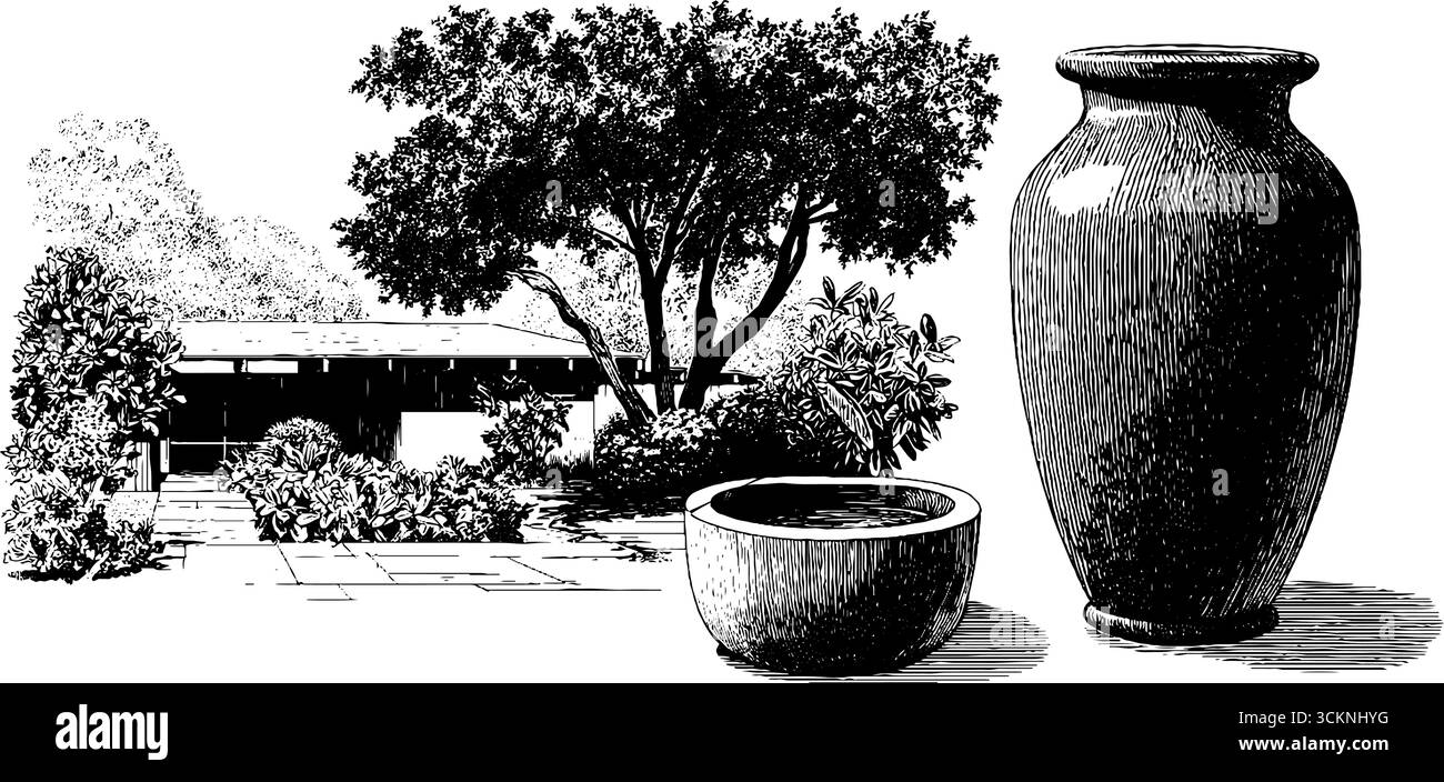 Modernes Haus aus der Mitte des Jahrhunderts mit eingravierten Töpferwaren und Landschaftsdesign. Stock Vektor