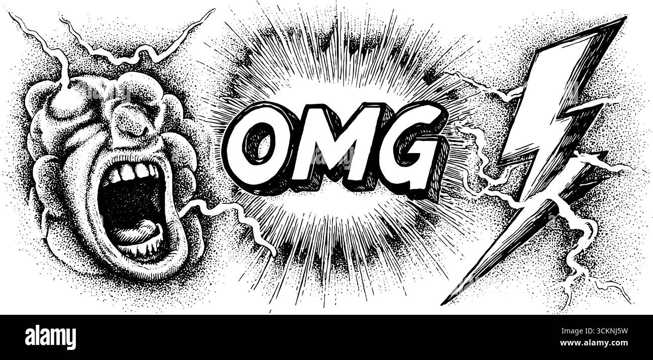 Gravierte Comic-Illustration mit omg-Schriftzug mit energiegeladenen Blitzelementen. Stock Vektor
