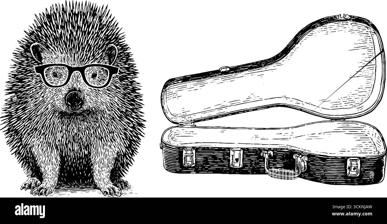 Skurriles Stachelschwein mit Brille und Gitarrenetui-Gravur für kreatives Design. Stock Vektor