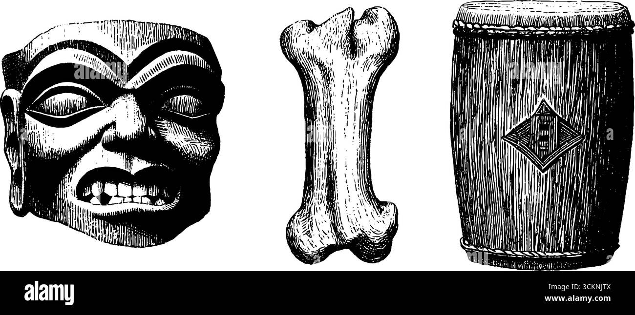 Gravierte schamanische Symbole und Artefakte für spirituelles Design und Dekor. Stock Vektor