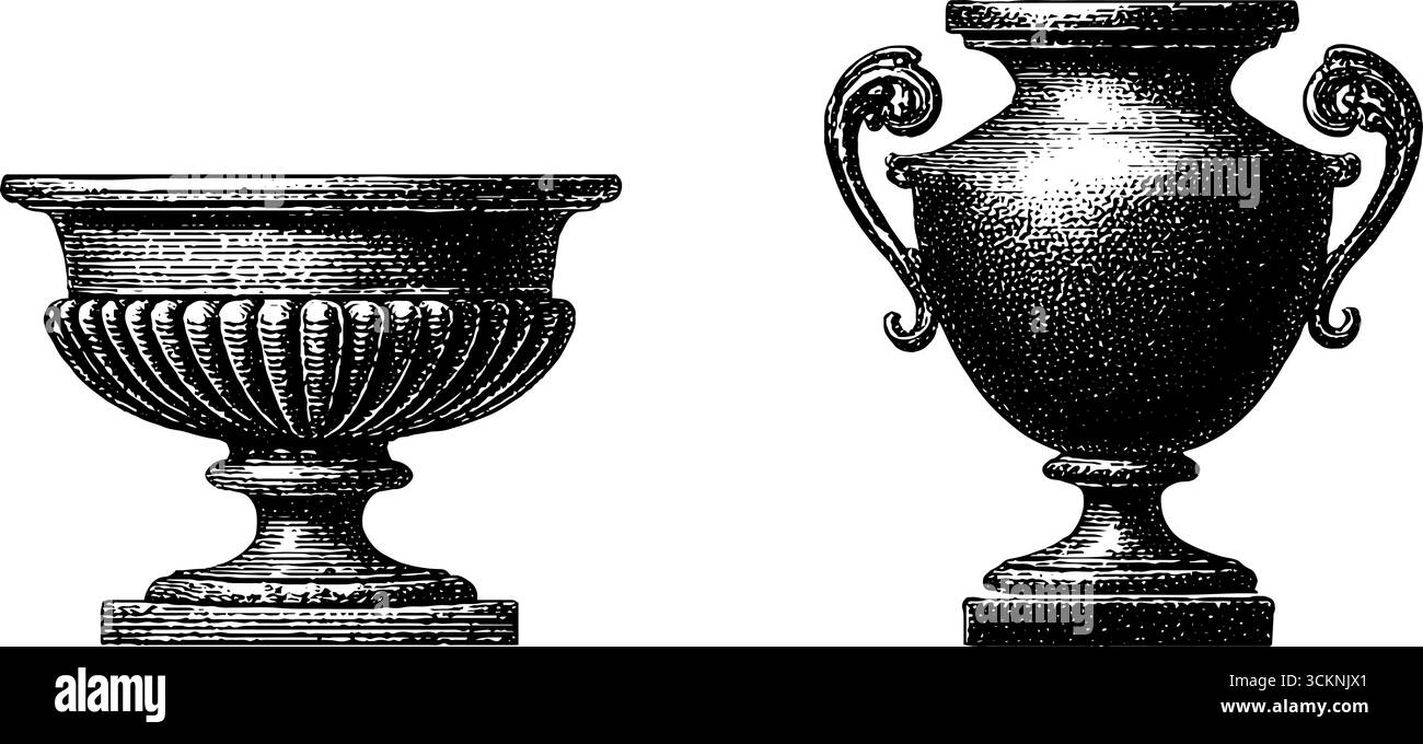 Gravierte Illustration des antiken griechischen Kylix- und Amphorendesigns. Stock Vektor