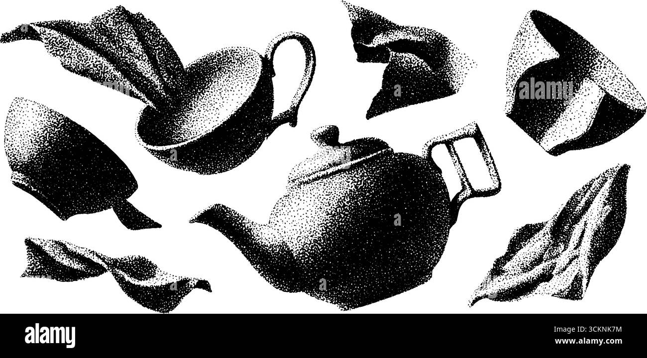 Vintage-gravierte Illustration von zerlegten Teekannen-Komponenten für Design- und Kunstprojekte. Stock Vektor