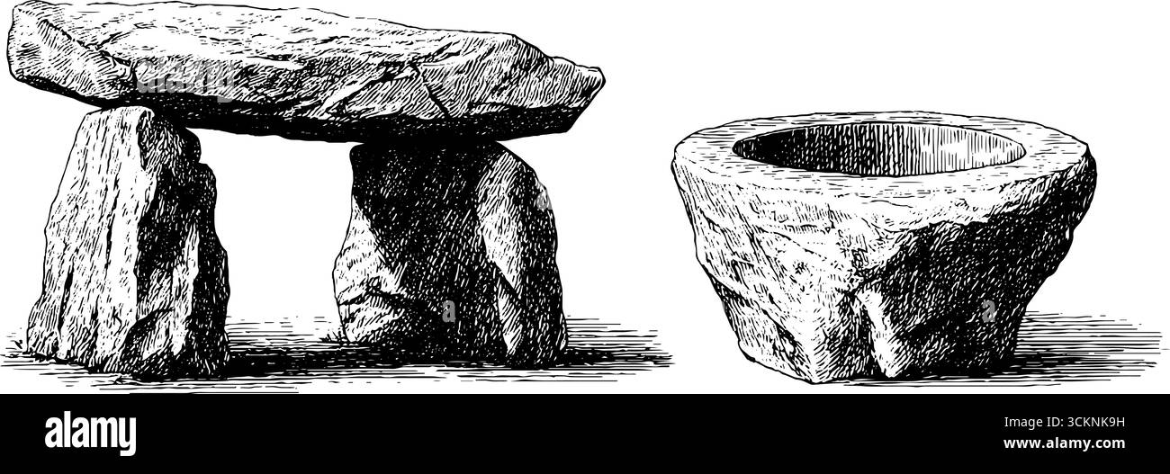 Gravierte Dolmen und Steinplatte Illustrationsset für historische Designkonzepte. Stock Vektor