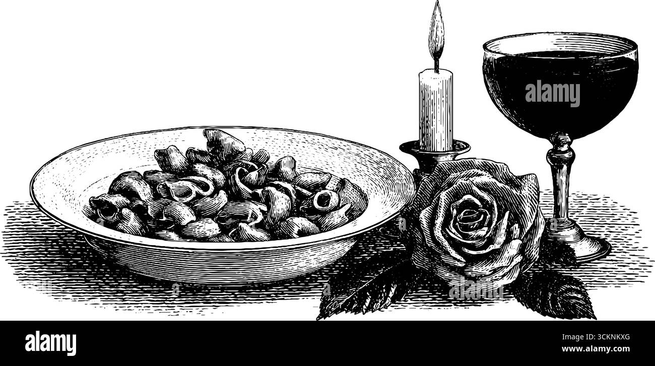 Nudeln in roséförmiger Form mit Wein und Kerzenlicht für ein elegantes Ambiente. Stock Vektor