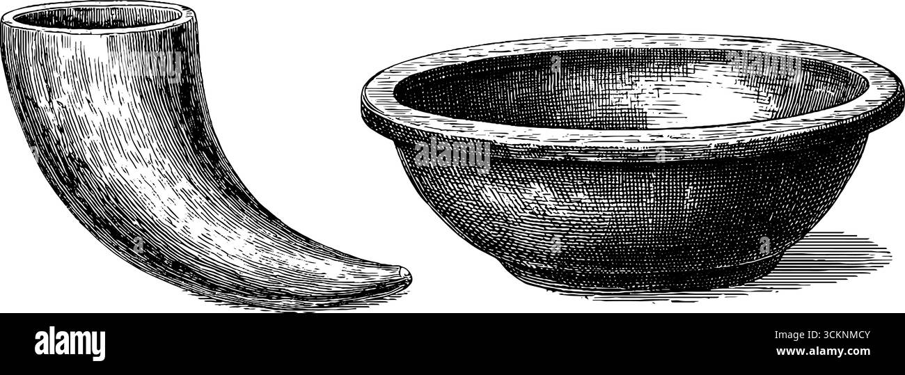 Gravur Eisenzeit Trinkhorn und Schüssel Illustration für historisches Design. Stock Vektor