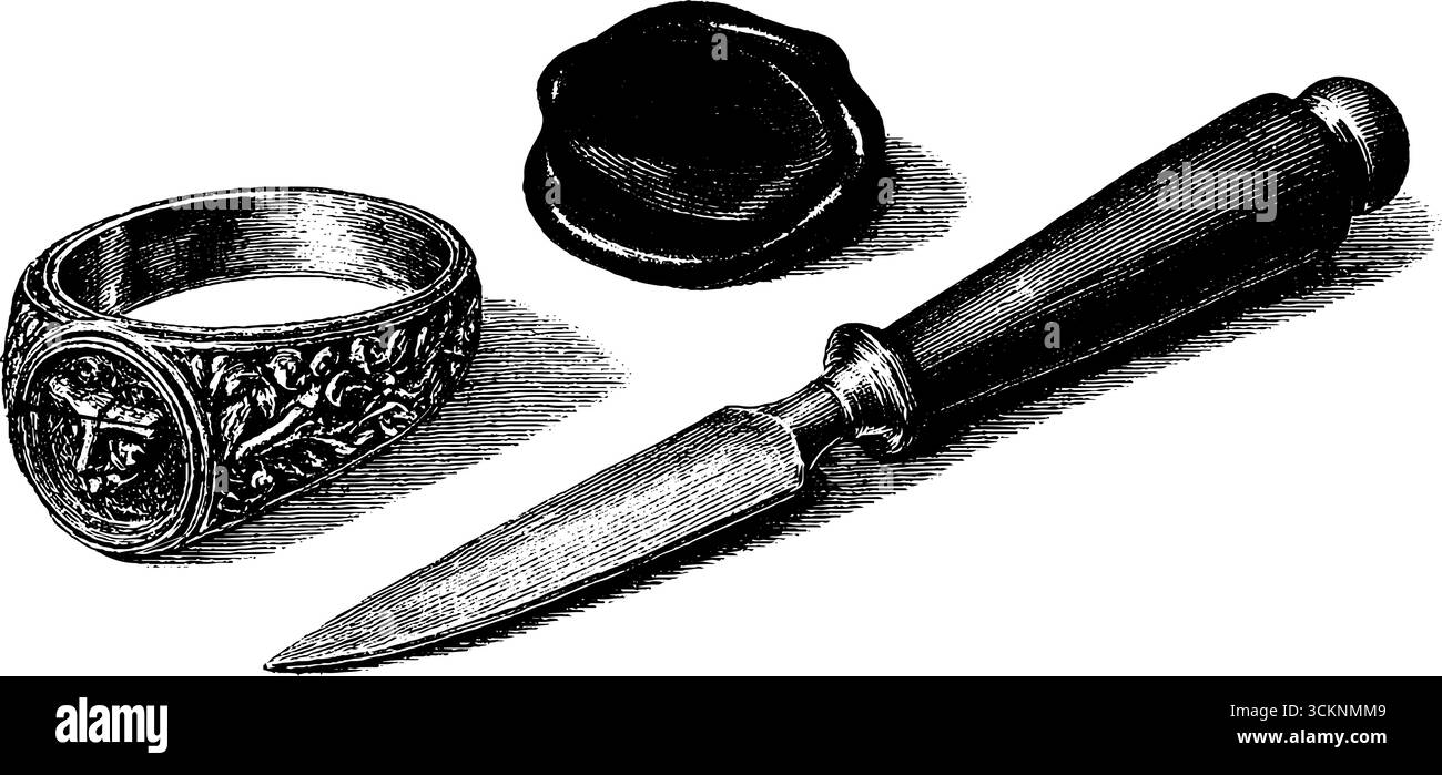 Graviertes mittelalterliches Siegelring mit Dichtung und Wachsstempel Gravur für historische Antiquitäten. Stock Vektor