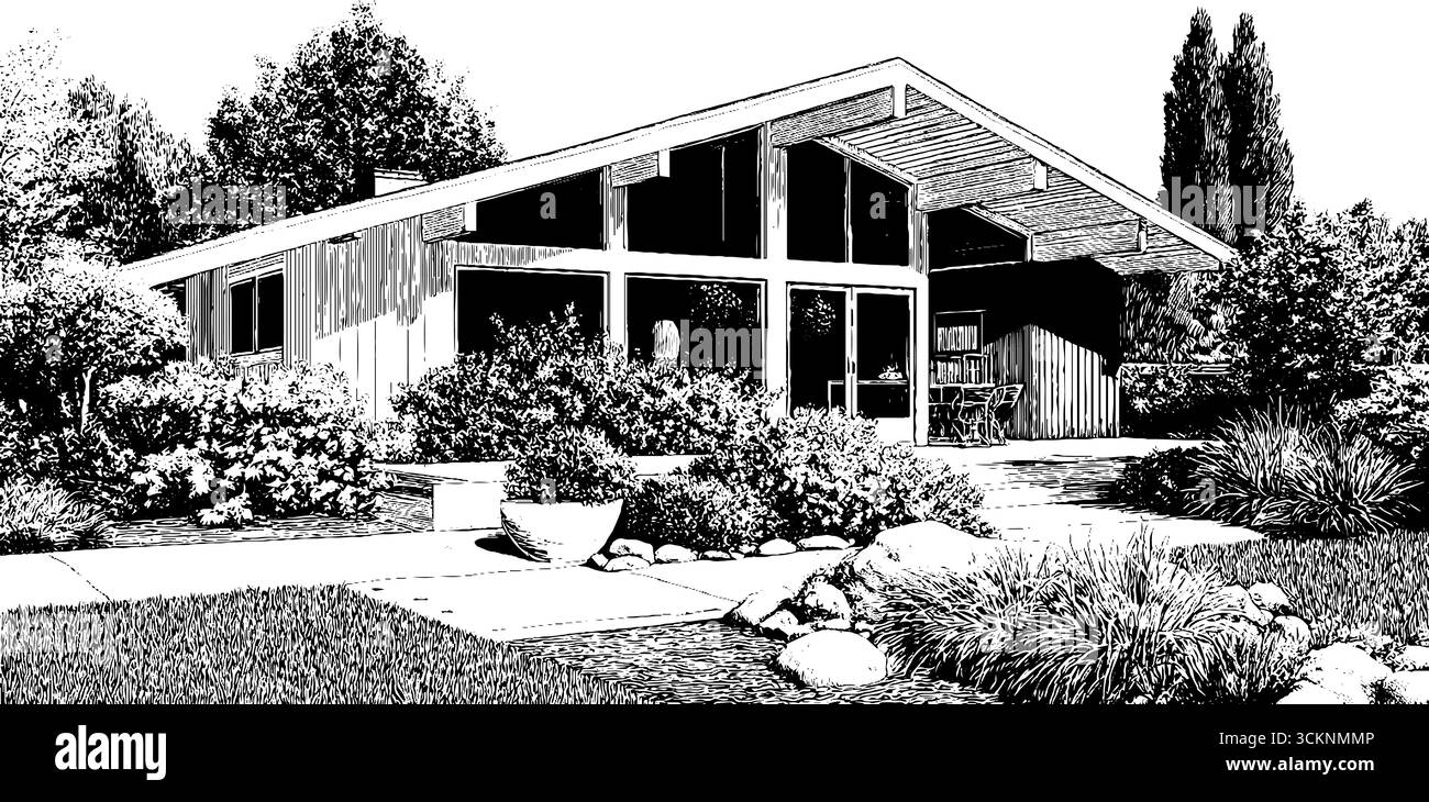 Mid Century Modern Home Illustration mit graviertem architektonischen Design. Stock Vektor