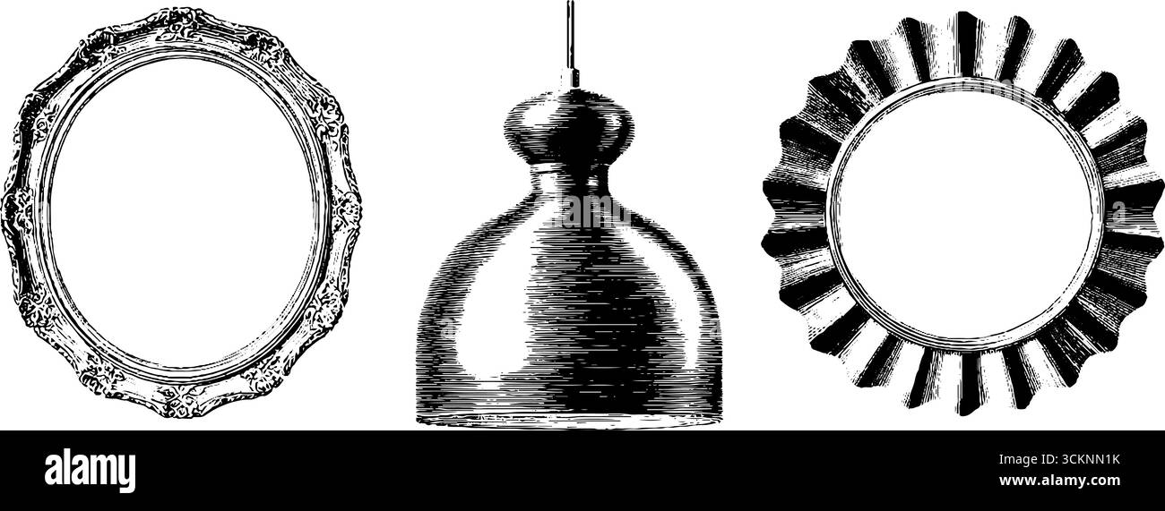 Mid Century Modern gravierte Illustrationen von Rahmen und Pendelleuchte für Designprojekte. Stock Vektor