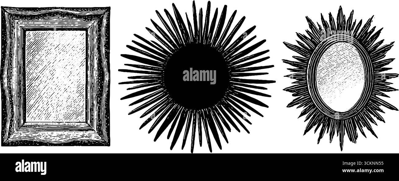 Moderner Spiegel und Rahmen aus der Mitte des Jahrhunderts mit Gravurdesign für Dekorationstiefe. Stock Vektor