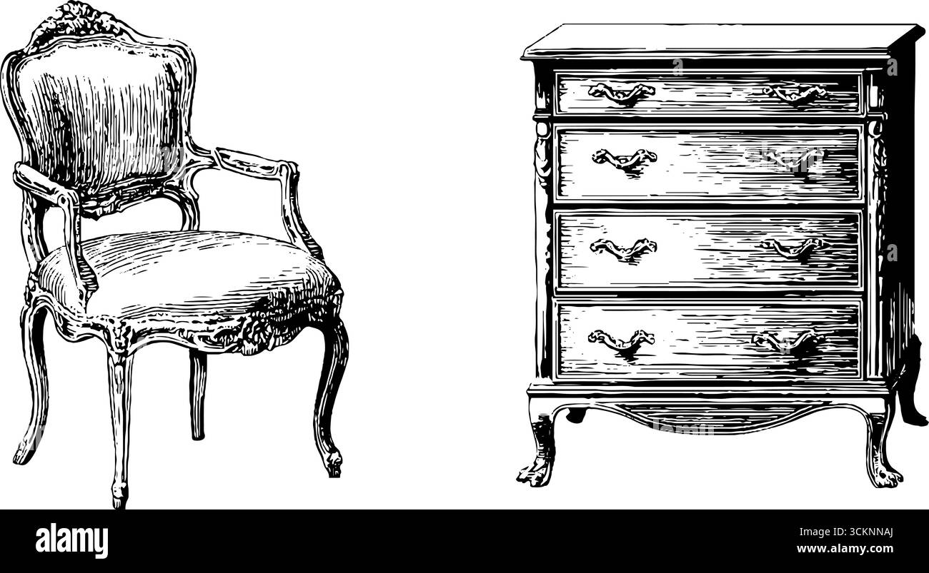 Vintage-Gravuren im Queen anne-Stil mit elegantem Stuhl und Kommode. Stock Vektor