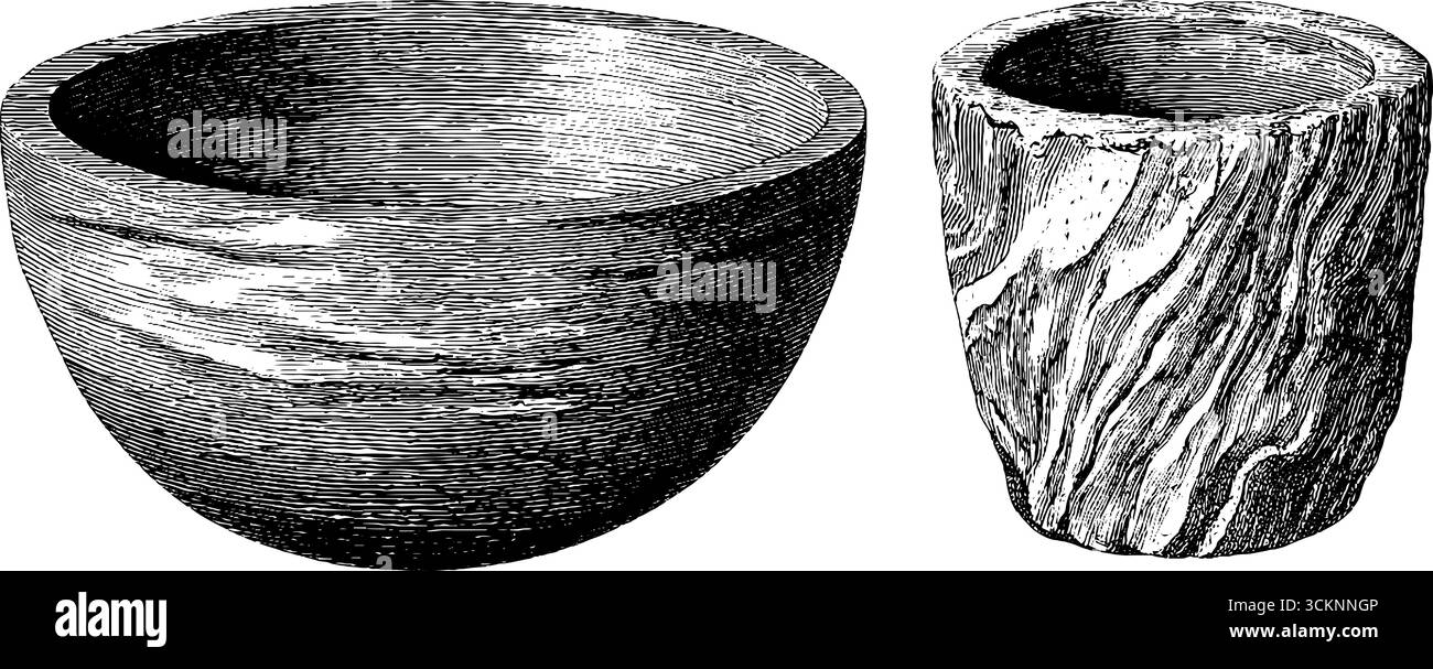 Gravierte neolithische Steinschalen Illustration für historische Kunst und Design. Stock Vektor