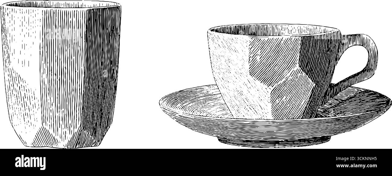 Gravierte Illustration eines facettierten Espresso-Sets für ein elegantes Abendessen. Stock Vektor