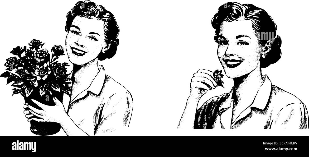 Vintage-Blumenliebhaber: Lächelnde Frau mit Blumen-Gravur für kreative Designprojekte. Stock Vektor