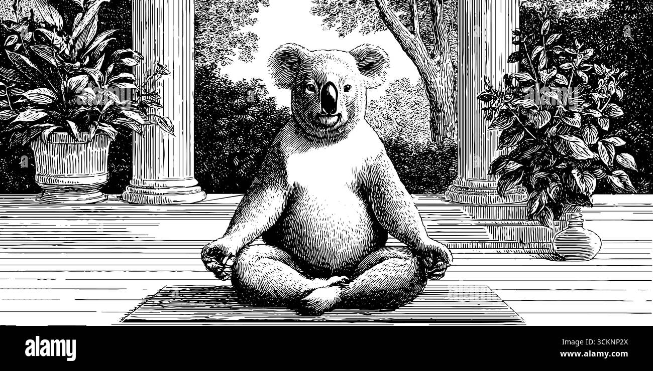 Gravierte Illustration eines Koala-Yogalehrers in ruhiger Umgebung im Freien. Stock Vektor
